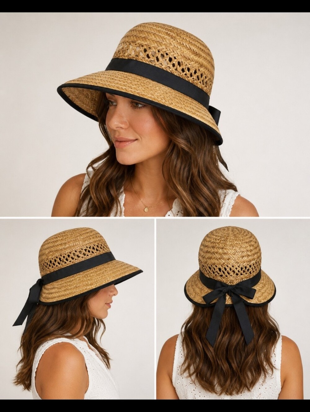 Vivian Collection Tan Weave Wide Brim Straw Sun Hat Black Ribbon Trim OSFM